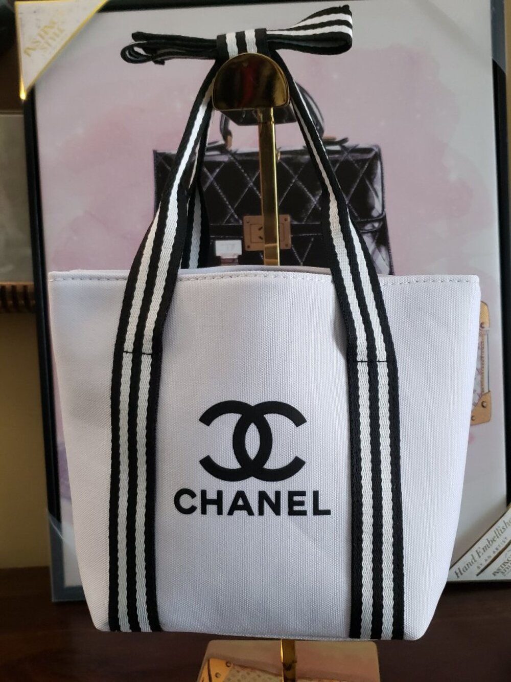 New CC Novelty Small White & Black Tote w/ Striped Handles